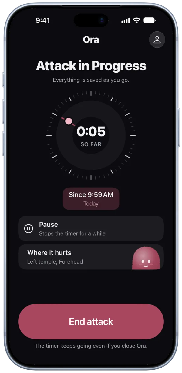 Attack in progress: a dark timer showing 0:05 so far, Pause, Where it hurts and End attack